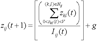 zij(t+1) = [(Summe zkl(t) von 0<zkl(t)<V bis (k,l)Element Nij)/Iij(t)] + g
